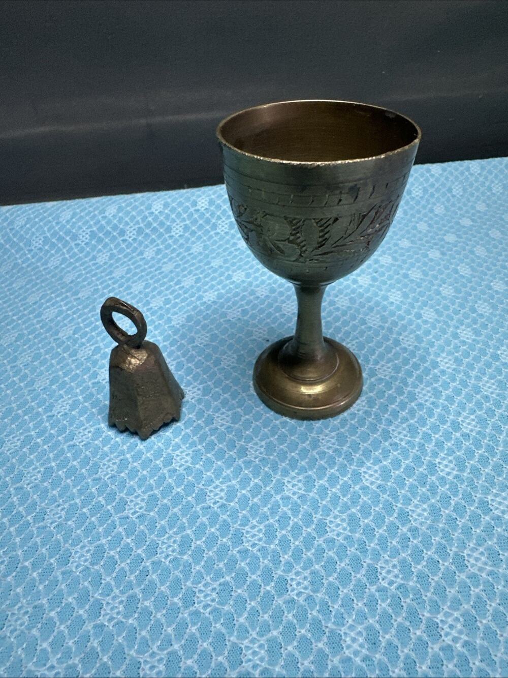 Vtg Brass Bells Lot of 2 Small Handcrafted Floral Etched Hand Bell &Cup Chimes